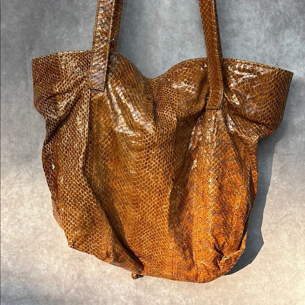 Vintage MAAN Brown Leather Snakeskin Textured Tote Bag GUC *defect* Suede Lining - Picture 6 of 15